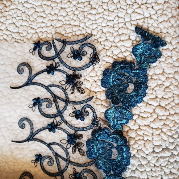 French Embroidered Lace Edging - Blue, Turquoise, Black 7.5" by the yard - Picture 2 of 5